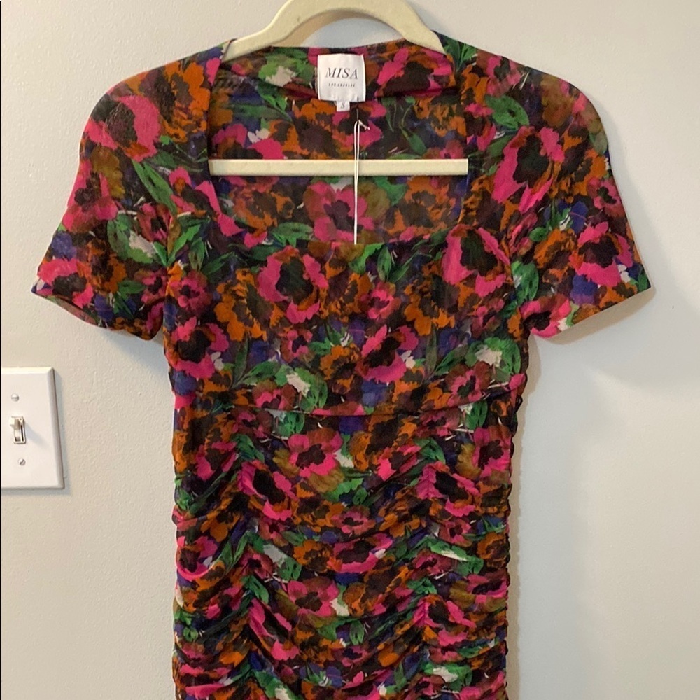 MISA Los Angeles short sleeve square neck mesh Marilyn jewel tone floral XXS